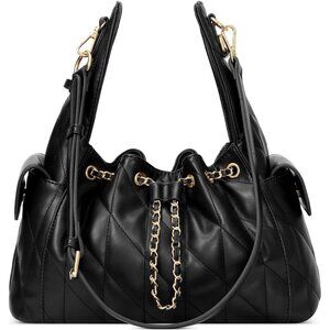 Women Black Crumpled Vegan Leather Quilted Adjustable Strap Shoulder Tote Bag